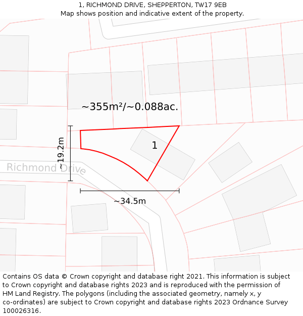 1, RICHMOND DRIVE, SHEPPERTON, TW17 9EB: Plot and title map