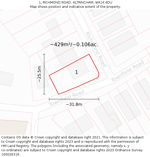 1, RICHMOND ROAD, ALTRINCHAM, WA14 4DU: Plot and title map