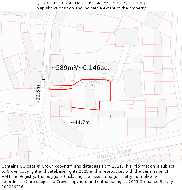 1, RICKETTS CLOSE, HADDENHAM, AYLESBURY, HP17 8QF: Plot and title map