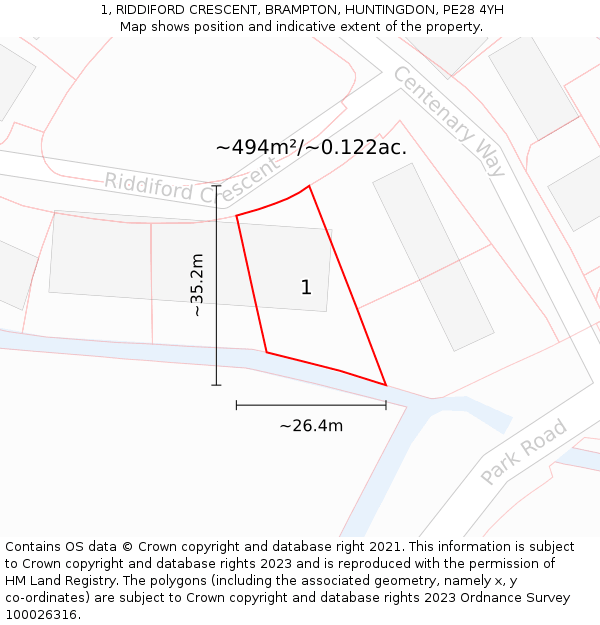 1, RIDDIFORD CRESCENT, BRAMPTON, HUNTINGDON, PE28 4YH: Plot and title map