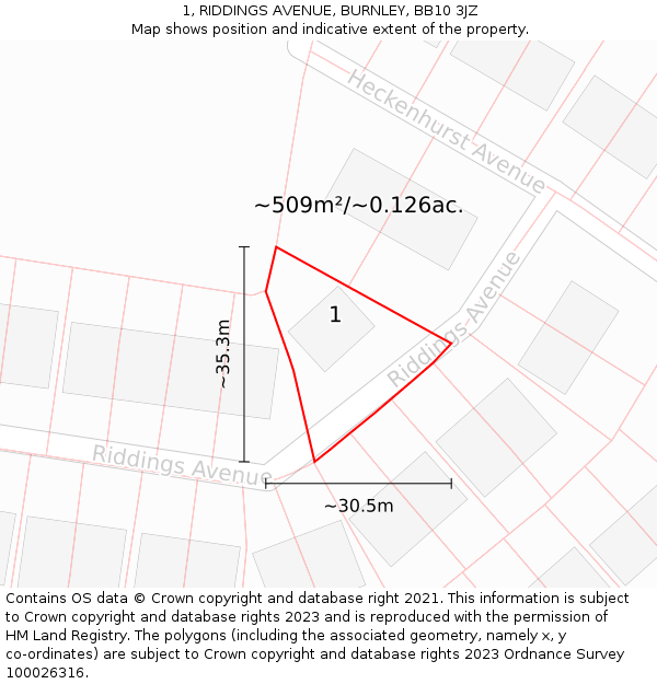 1, RIDDINGS AVENUE, BURNLEY, BB10 3JZ: Plot and title map