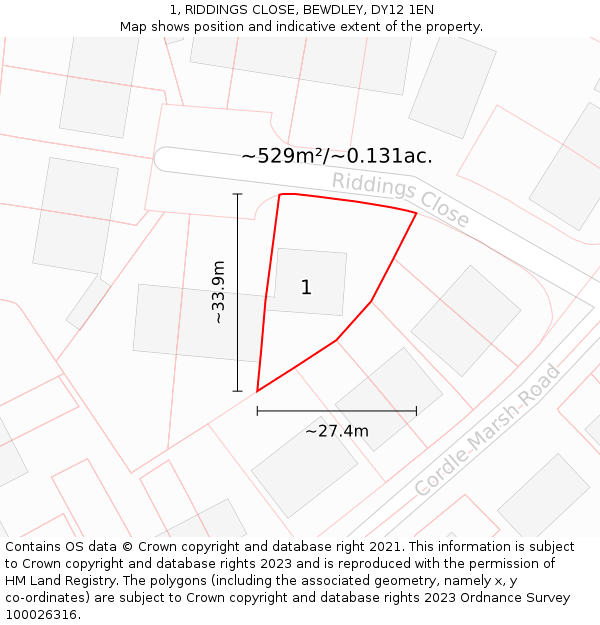 1, RIDDINGS CLOSE, BEWDLEY, DY12 1EN: Plot and title map