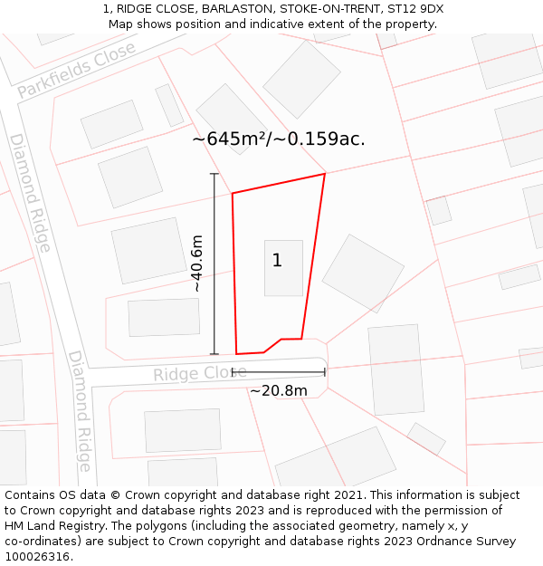 1, RIDGE CLOSE, BARLASTON, STOKE-ON-TRENT, ST12 9DX: Plot and title map
