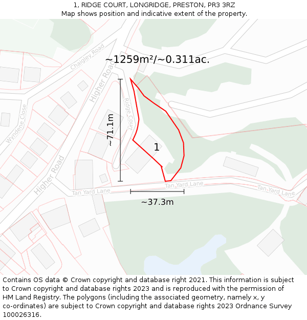 1, RIDGE COURT, LONGRIDGE, PRESTON, PR3 3RZ: Plot and title map