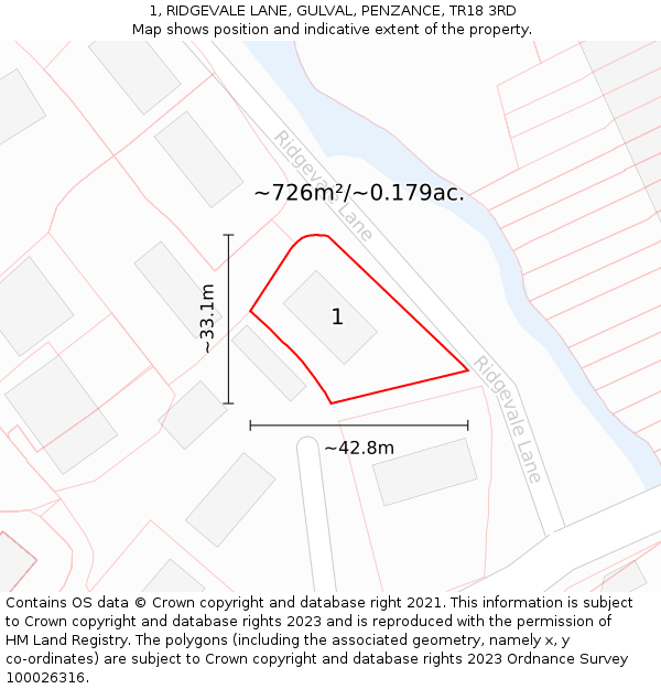 1, RIDGEVALE LANE, GULVAL, PENZANCE, TR18 3RD: Plot and title map