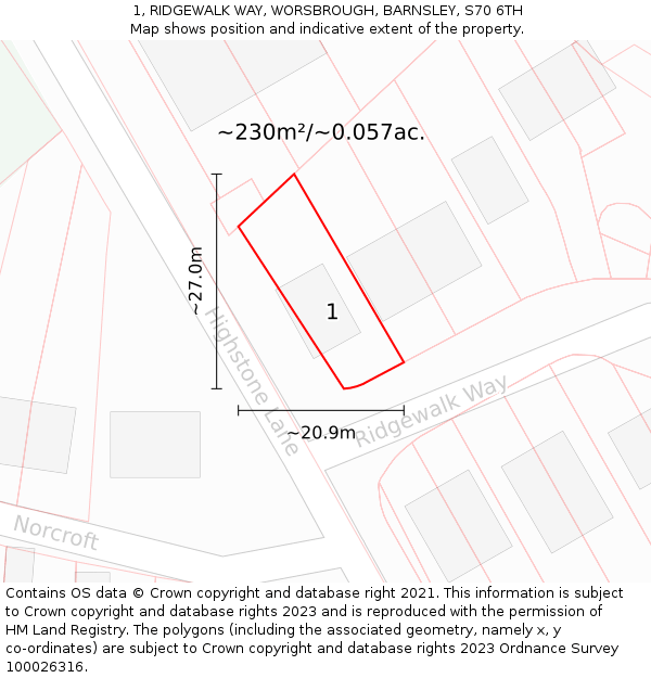 1, RIDGEWALK WAY, WORSBROUGH, BARNSLEY, S70 6TH: Plot and title map