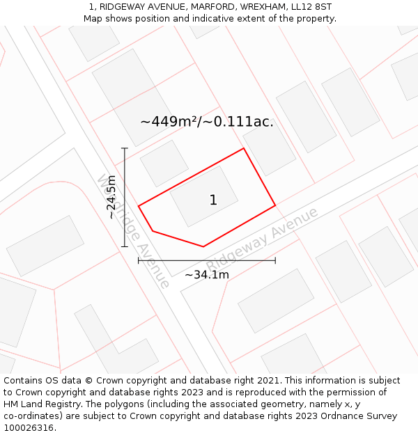 1, RIDGEWAY AVENUE, MARFORD, WREXHAM, LL12 8ST: Plot and title map