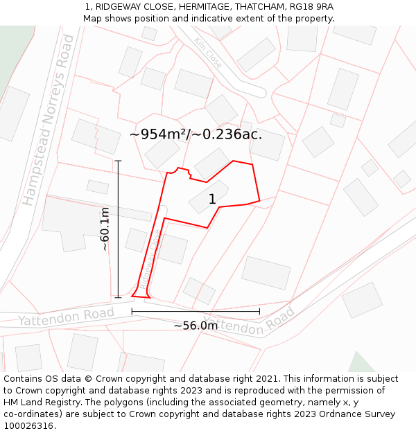 1, RIDGEWAY CLOSE, HERMITAGE, THATCHAM, RG18 9RA: Plot and title map