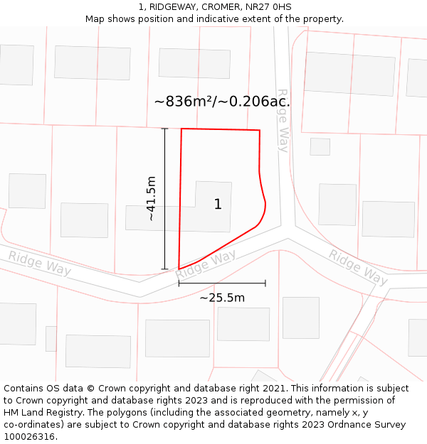 1, RIDGEWAY, CROMER, NR27 0HS: Plot and title map