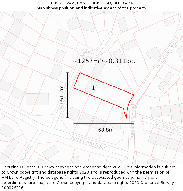 1, RIDGEWAY, EAST GRINSTEAD, RH19 4BW: Plot and title map