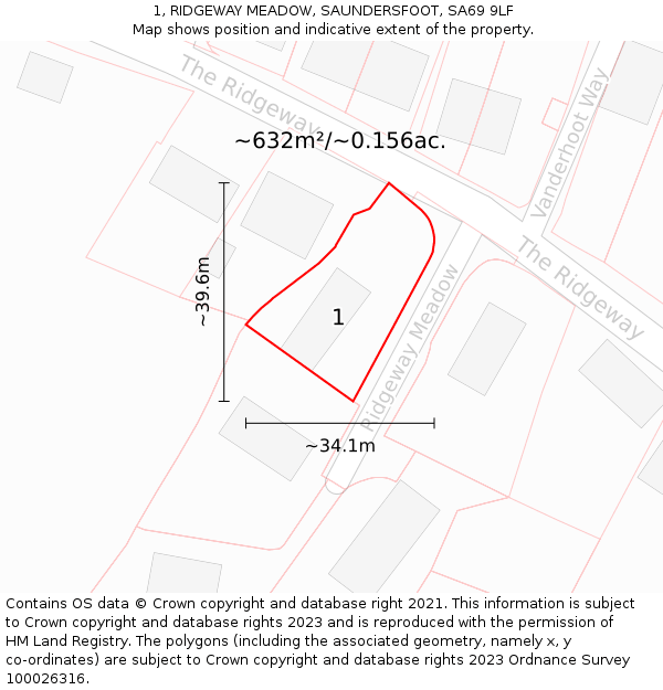 1, RIDGEWAY MEADOW, SAUNDERSFOOT, SA69 9LF: Plot and title map