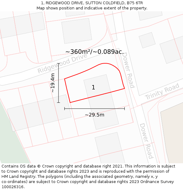 1, RIDGEWOOD DRIVE, SUTTON COLDFIELD, B75 6TR: Plot and title map
