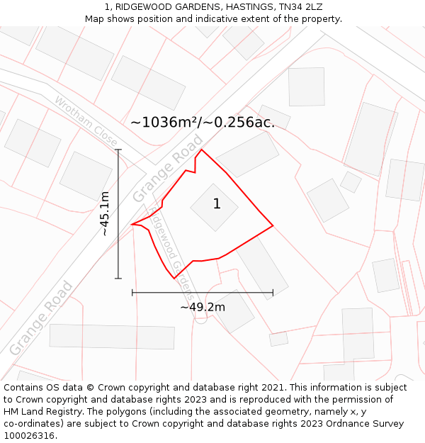 1, RIDGEWOOD GARDENS, HASTINGS, TN34 2LZ: Plot and title map