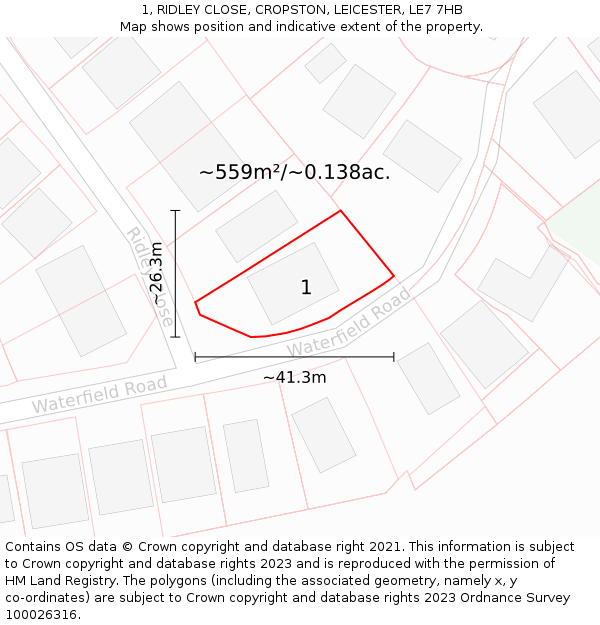 1, RIDLEY CLOSE, CROPSTON, LEICESTER, LE7 7HB: Plot and title map