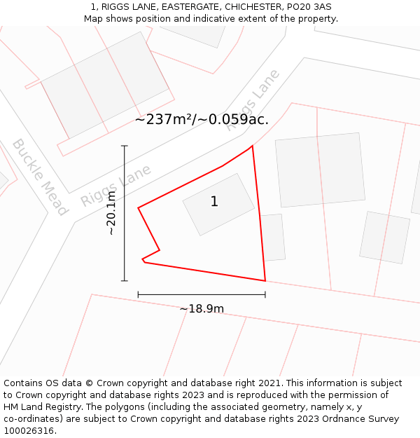 1, RIGGS LANE, EASTERGATE, CHICHESTER, PO20 3AS: Plot and title map