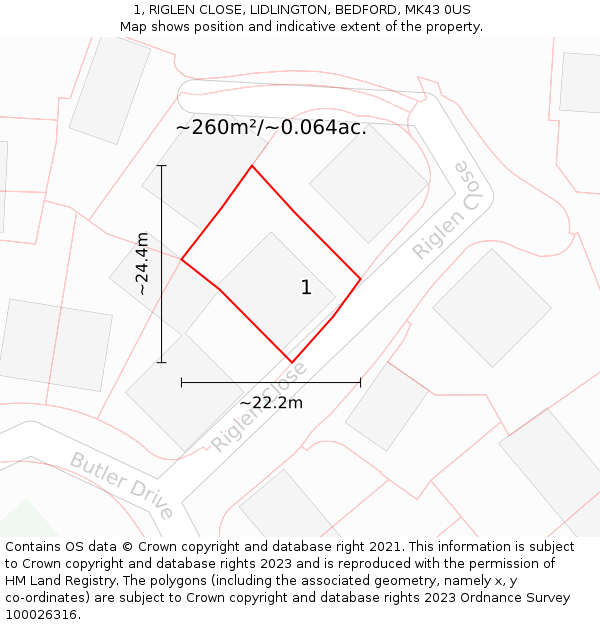 1, RIGLEN CLOSE, LIDLINGTON, BEDFORD, MK43 0US: Plot and title map