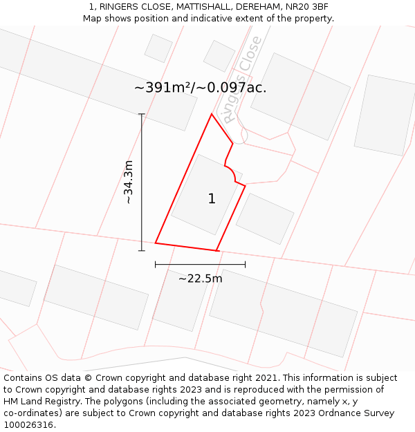1, RINGERS CLOSE, MATTISHALL, DEREHAM, NR20 3BF: Plot and title map