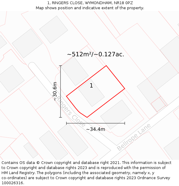 1, RINGERS CLOSE, WYMONDHAM, NR18 0PZ: Plot and title map