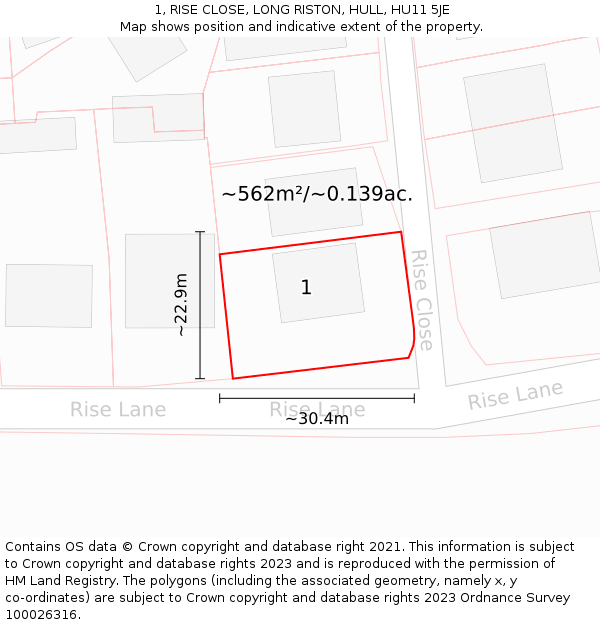 1, RISE CLOSE, LONG RISTON, HULL, HU11 5JE: Plot and title map