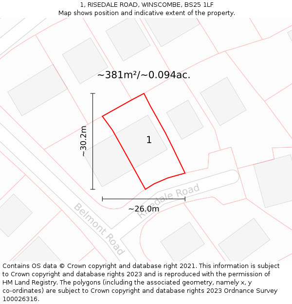 1, RISEDALE ROAD, WINSCOMBE, BS25 1LF: Plot and title map