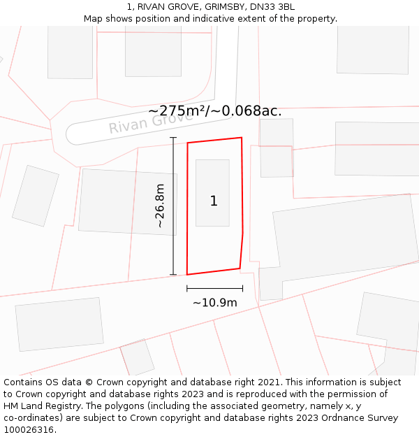 1, RIVAN GROVE, GRIMSBY, DN33 3BL: Plot and title map