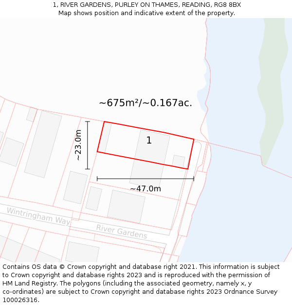 1, RIVER GARDENS, PURLEY ON THAMES, READING, RG8 8BX: Plot and title map