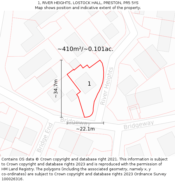 1, RIVER HEIGHTS, LOSTOCK HALL, PRESTON, PR5 5YS: Plot and title map