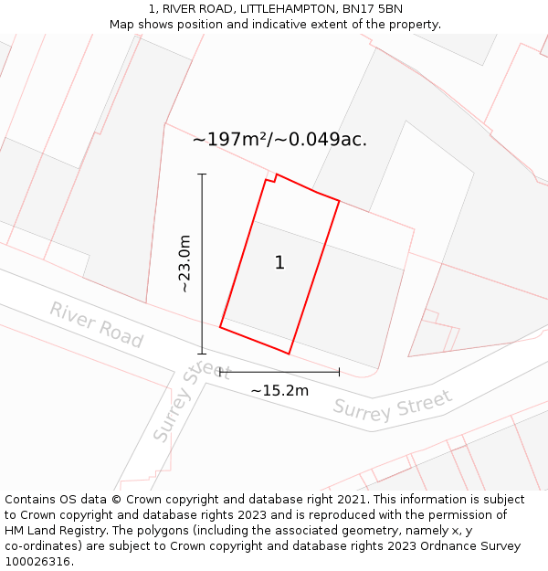 1, RIVER ROAD, LITTLEHAMPTON, BN17 5BN: Plot and title map
