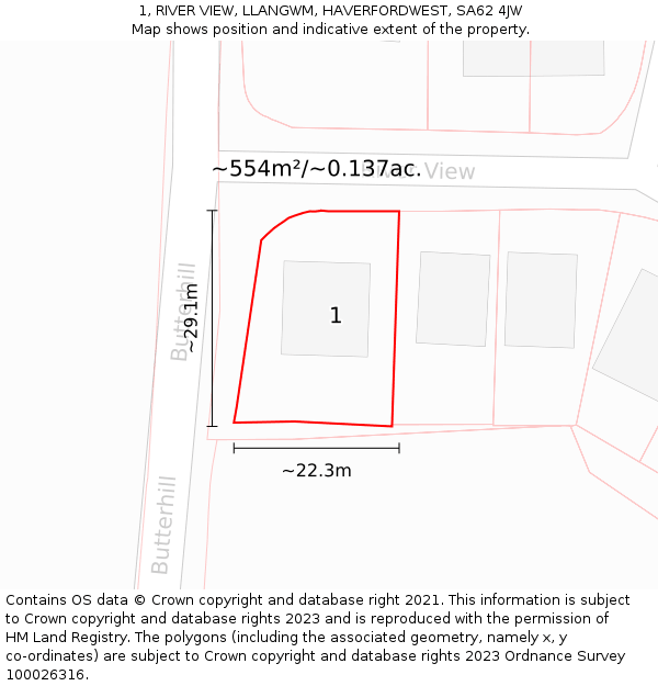1, RIVER VIEW, LLANGWM, HAVERFORDWEST, SA62 4JW: Plot and title map