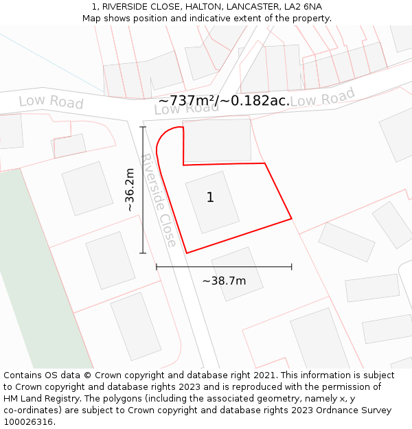 1, RIVERSIDE CLOSE, HALTON, LANCASTER, LA2 6NA: Plot and title map