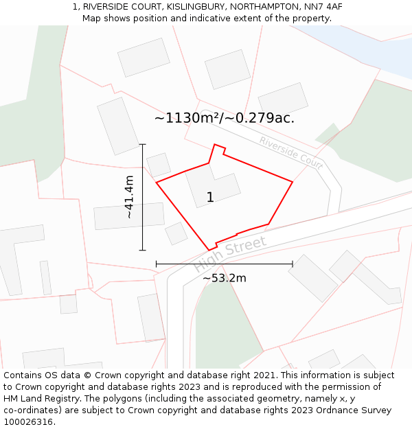 1, RIVERSIDE COURT, KISLINGBURY, NORTHAMPTON, NN7 4AF: Plot and title map