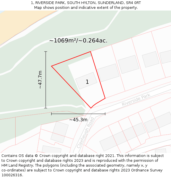 1, RIVERSIDE PARK, SOUTH HYLTON, SUNDERLAND, SR4 0RT: Plot and title map