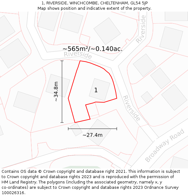 1, RIVERSIDE, WINCHCOMBE, CHELTENHAM, GL54 5JP: Plot and title map