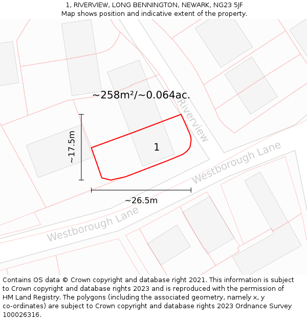 1, RIVERVIEW, LONG BENNINGTON, NEWARK, NG23 5JF: Plot and title map