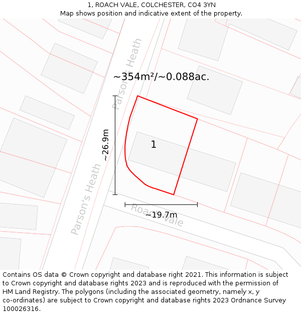 1, ROACH VALE, COLCHESTER, CO4 3YN: Plot and title map