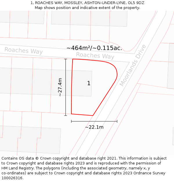 1, ROACHES WAY, MOSSLEY, ASHTON-UNDER-LYNE, OL5 9DZ: Plot and title map