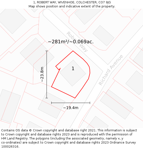 1, ROBERT WAY, WIVENHOE, COLCHESTER, CO7 9JG: Plot and title map