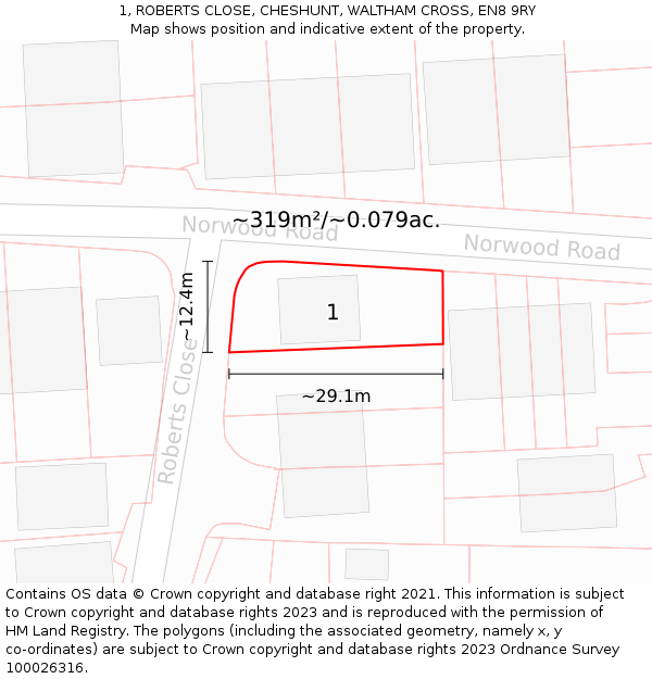 1, ROBERTS CLOSE, CHESHUNT, WALTHAM CROSS, EN8 9RY: Plot and title map