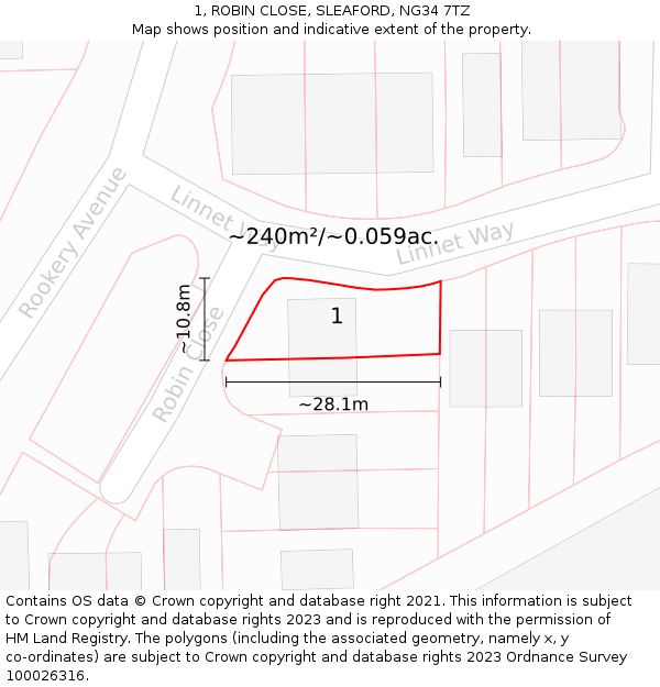 1, ROBIN CLOSE, SLEAFORD, NG34 7TZ: Plot and title map