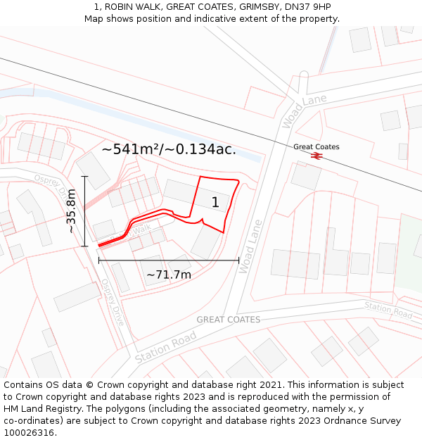 1, ROBIN WALK, GREAT COATES, GRIMSBY, DN37 9HP: Plot and title map