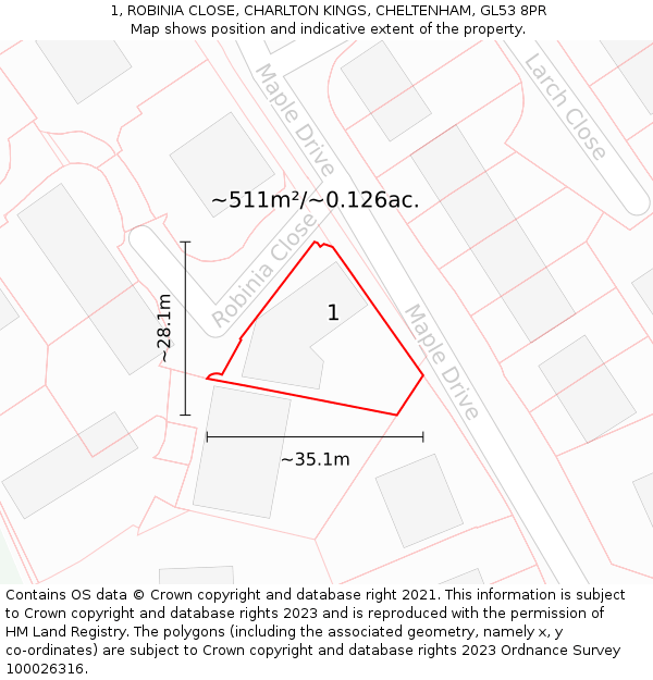 1, ROBINIA CLOSE, CHARLTON KINGS, CHELTENHAM, GL53 8PR: Plot and title map