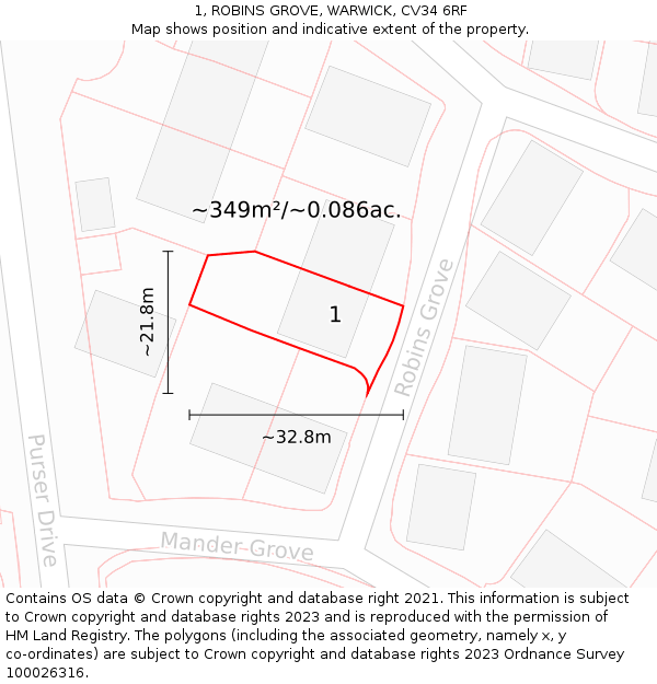 1, ROBINS GROVE, WARWICK, CV34 6RF: Plot and title map