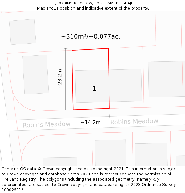 1, ROBINS MEADOW, FAREHAM, PO14 4JL: Plot and title map