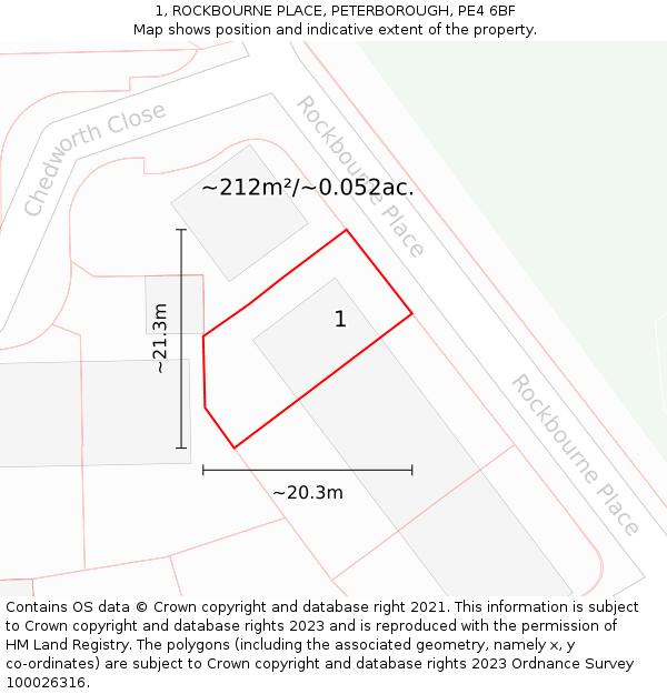 1, ROCKBOURNE PLACE, PETERBOROUGH, PE4 6BF: Plot and title map