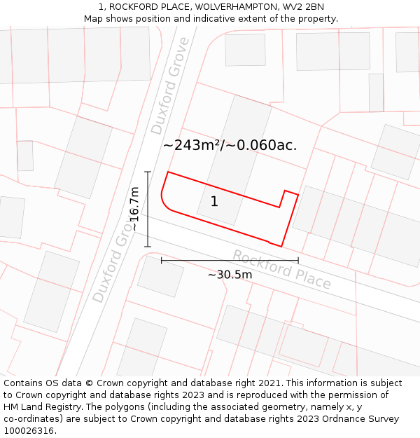 1, ROCKFORD PLACE, WOLVERHAMPTON, WV2 2BN: Plot and title map
