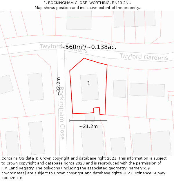 1, ROCKINGHAM CLOSE, WORTHING, BN13 2NU: Plot and title map