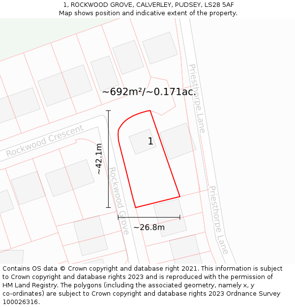 1, ROCKWOOD GROVE, CALVERLEY, PUDSEY, LS28 5AF: Plot and title map