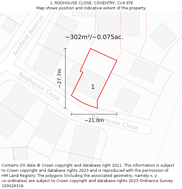 1, RODHOUSE CLOSE, COVENTRY, CV4 9TE: Plot and title map