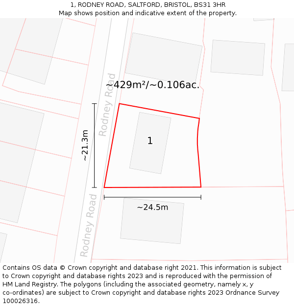 1, RODNEY ROAD, SALTFORD, BRISTOL, BS31 3HR: Plot and title map