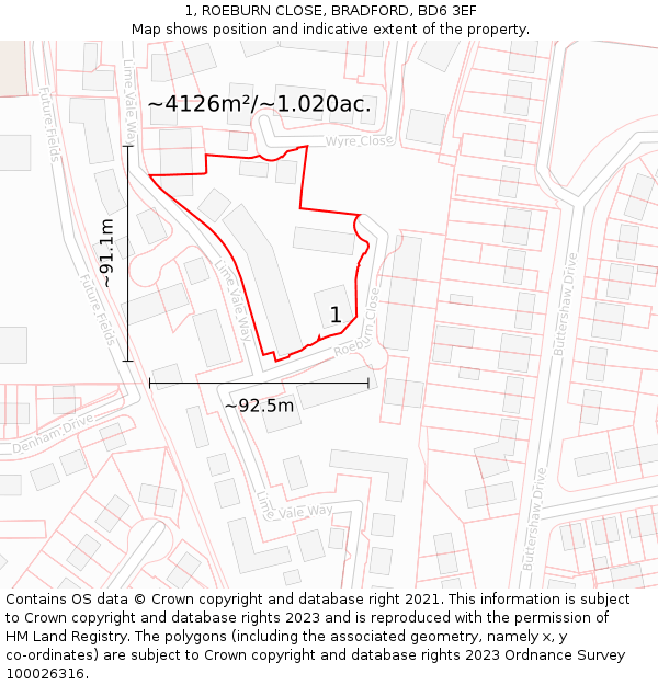 1, ROEBURN CLOSE, BRADFORD, BD6 3EF: Plot and title map